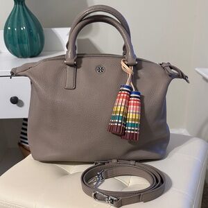 Tory Burch Taupe Pebbled Leather Satchel with Multicolor Striped Tassel